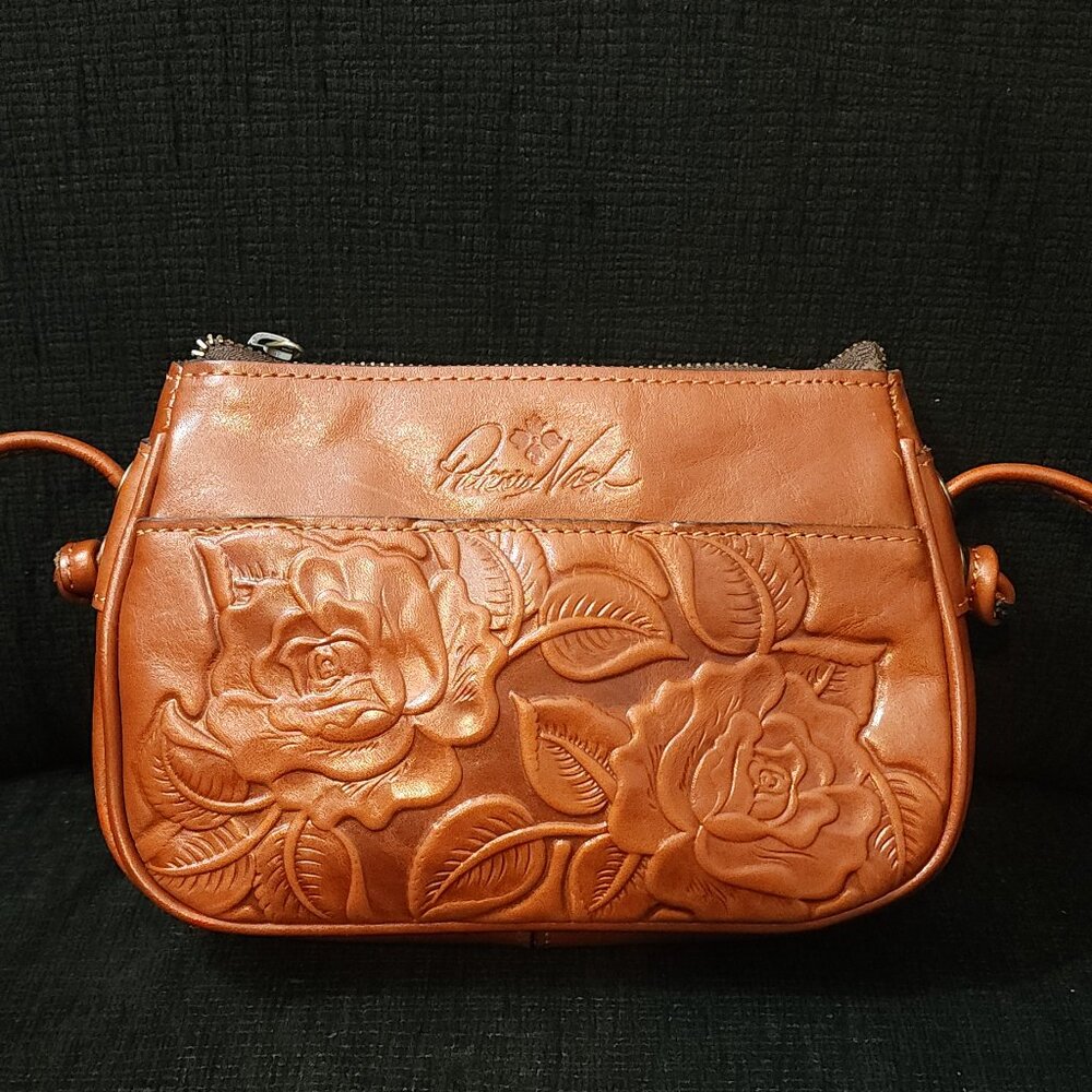 Patricia Nash Bacoli Rose Tooled Small Brown Leather Crossbody Bag - Picture 2 of 8